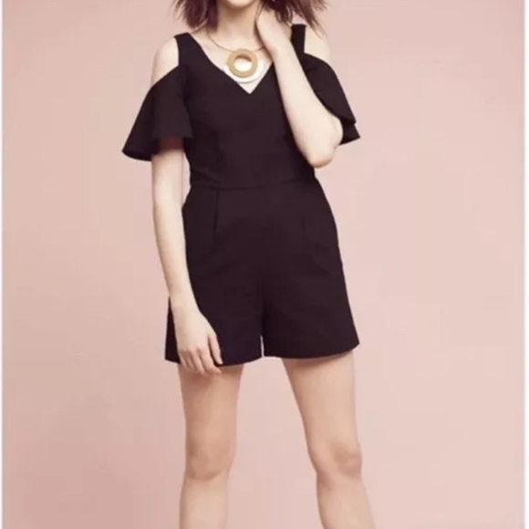 Anthropologie Pants - Anthropologie Elevenses black cold shoulder short one piece romper Sz2
